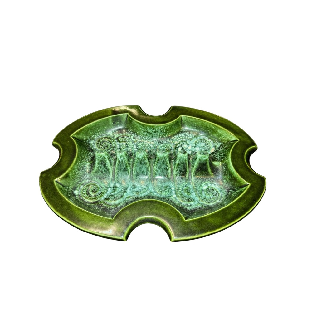 USA Pottery Ashtray Vintage Green Drip Glaze MCM Scalloped Ceramic Catchall